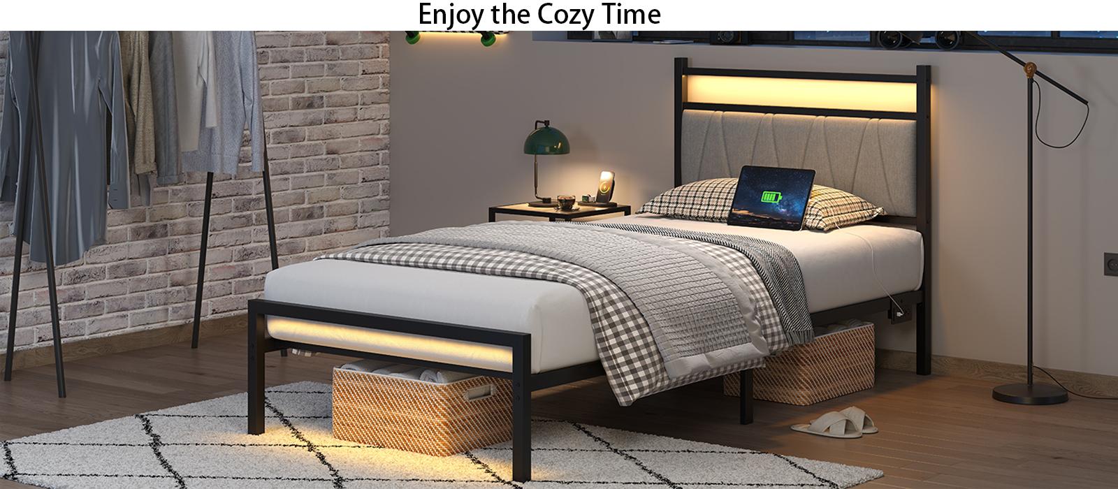 CollaredEagle Twin/Full Size Bed Frame with Charging Station, Metal Platform Bed Frame with Fabric Upholstered Headboard, No Box SpriLarge Underng Needed,  Bed Storage, Non-Slip Black/White. Bedroom Bedframe Bedroom Furniture