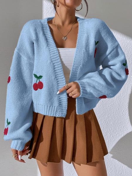 【Plus Size】 Cherry Embroidery Drop Shoulder Open Front Cardigan, Casual Long Sleeve V Neck Knitwear for Spring & Fall, Women's Plus Clothing for Daily Wear