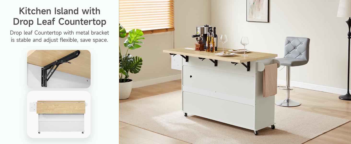 【SPOTLIGHT DAY】ONBRILL 60.2"W Kitchen Island with Two Large Storage Cabinets Drawers Locking Wheels Wood Countertop Power Outlet Spice Rack Paper Towel Holder Rolling Smooth