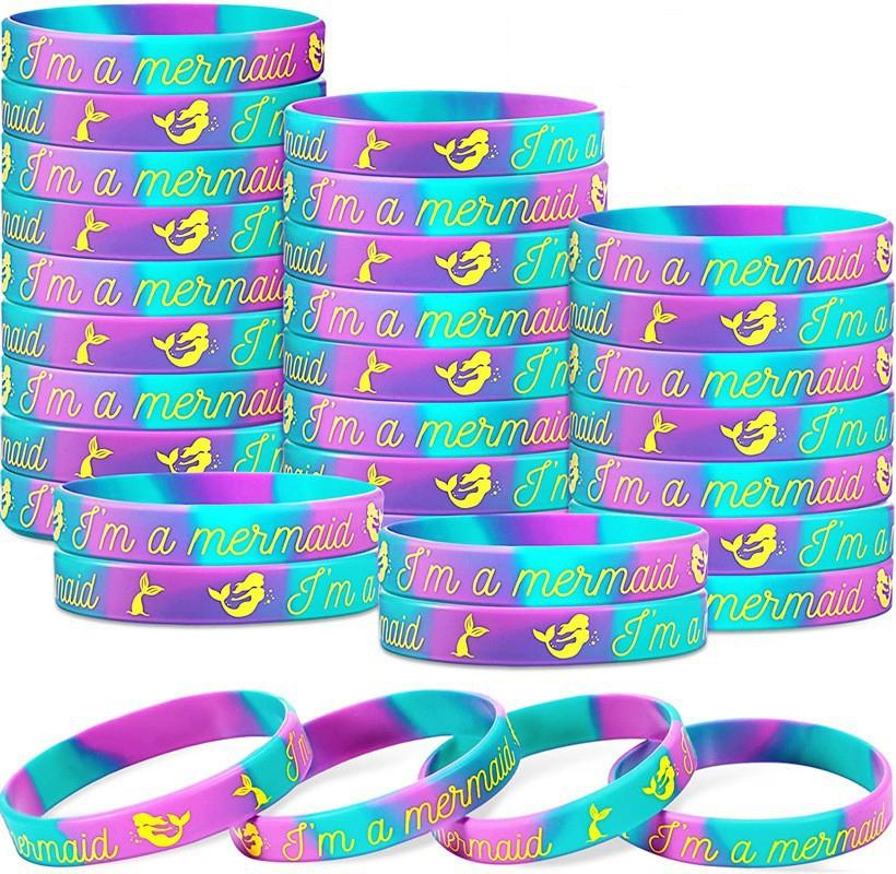 24 Pcs Kids Mermaid Silicone Bracelets, Marble Rubber Bands, Ocean Theme Party Gifts, Birthday Favors, Classroom Rewards