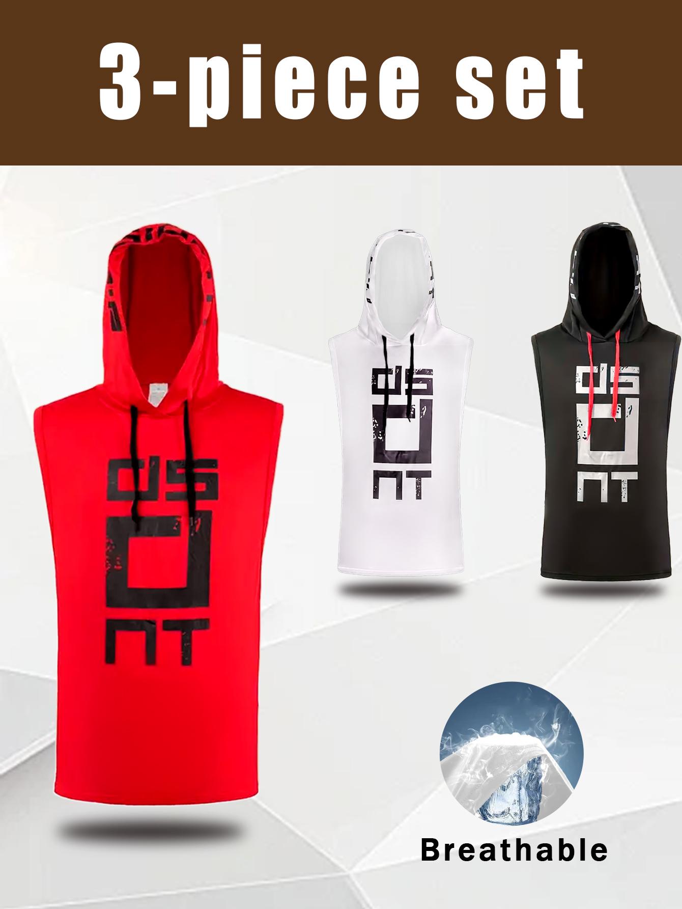 Men's High Stretch Quick Dry Hooded Gym Tank Top - Breathable Sleeveless Gym Shirt with Bold Monogram Print, Moisture Wicking Basketball Running Casual Wear, Machine Washable, Casual Athletic Wear |Outdoor fun，Gym Accessories Workout ClothesFathersdaygift