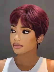 Women's Short Wig, Burgundy Straight Hair with Bangs, Rose Net Cap, Basic Style, Ideal for Role Playing and Halloween