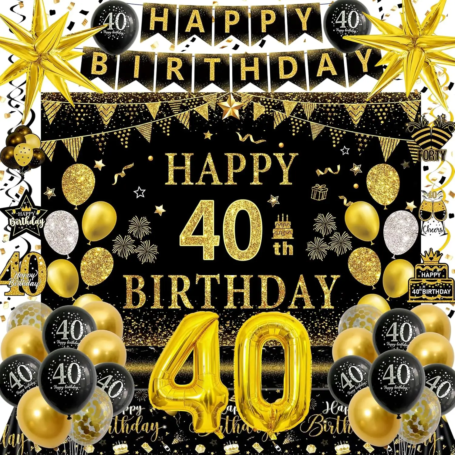 40th Birthday Decorations for Men Women, Happy 40th Birthday Decorations Men, Black Gold 40th Birthday Banner Backdrop Number 40 Balloons Tablecloth Mens Party Decorations, 40 Year Old Birthday Decor