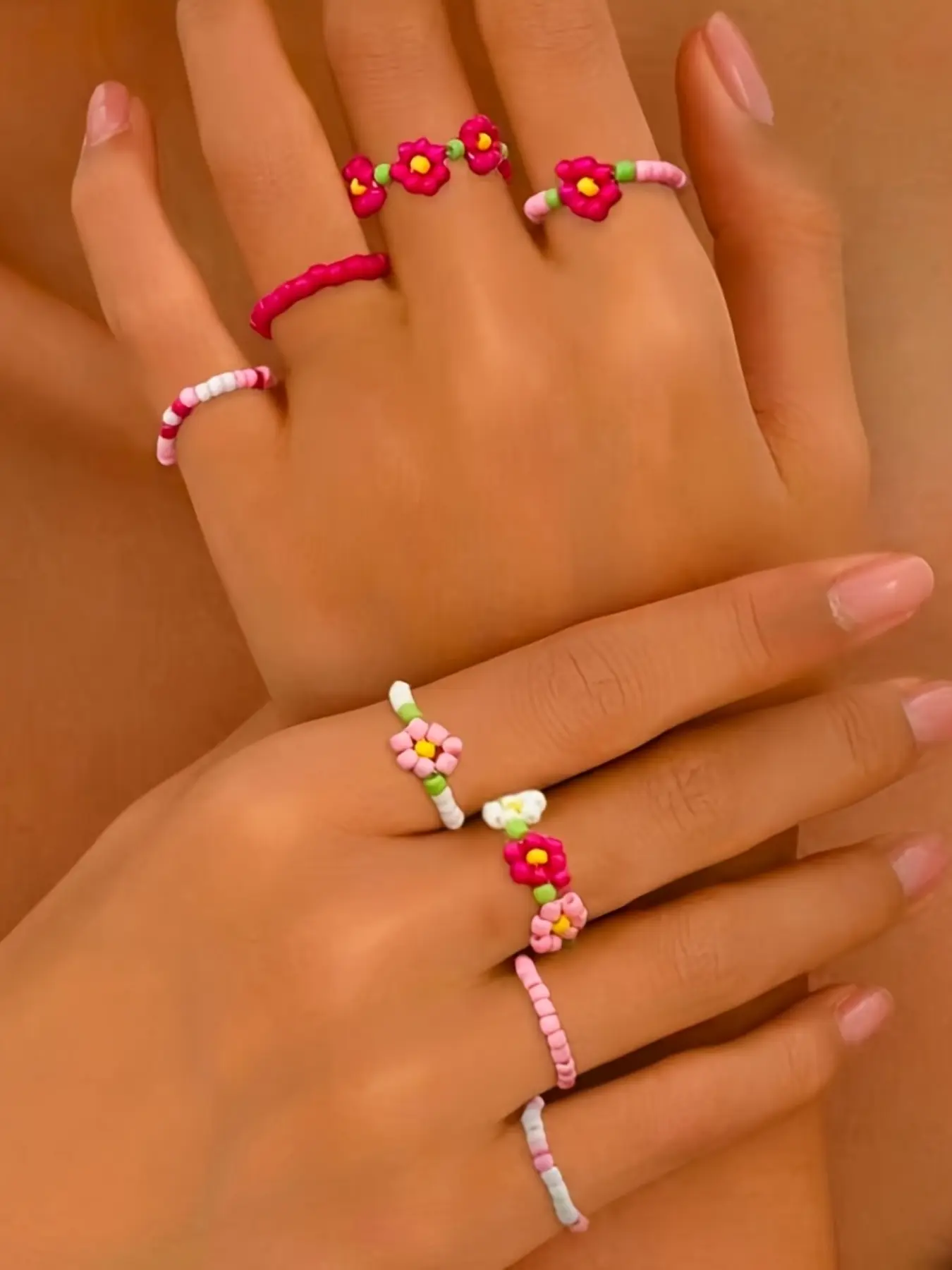 8pcs Small Flower Braided Elastic Bead Rings, Bohemian Y2K Cute Fashion Versatile College Style Festival Party Gift Set