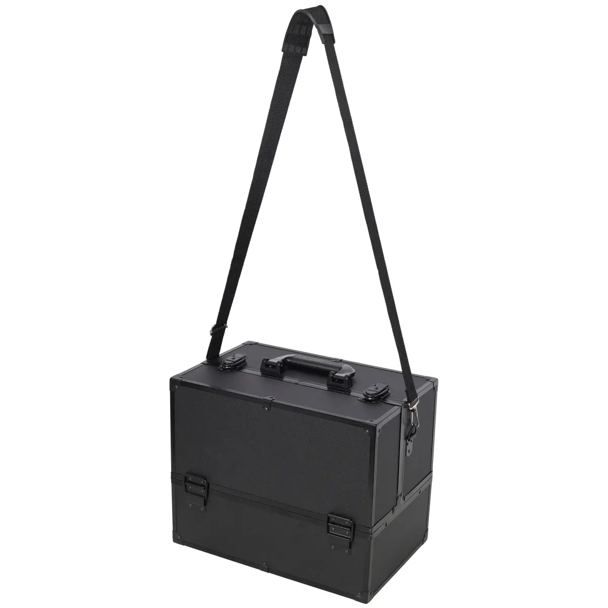 14 Inch Professional Large Makeup Train Case, Black Lockable Cosmetic Organizer Box with 6 Adjustable Trays & Spacious Storage Compartments for Makeup Artists