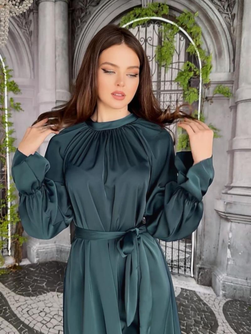 Elegant Satin Women's Dress, Long Sleeve Round Neck, Belted Plain Style, Chic Elegant Fitted, Perfect for Parties and Formal Occasions, Spring & Fall