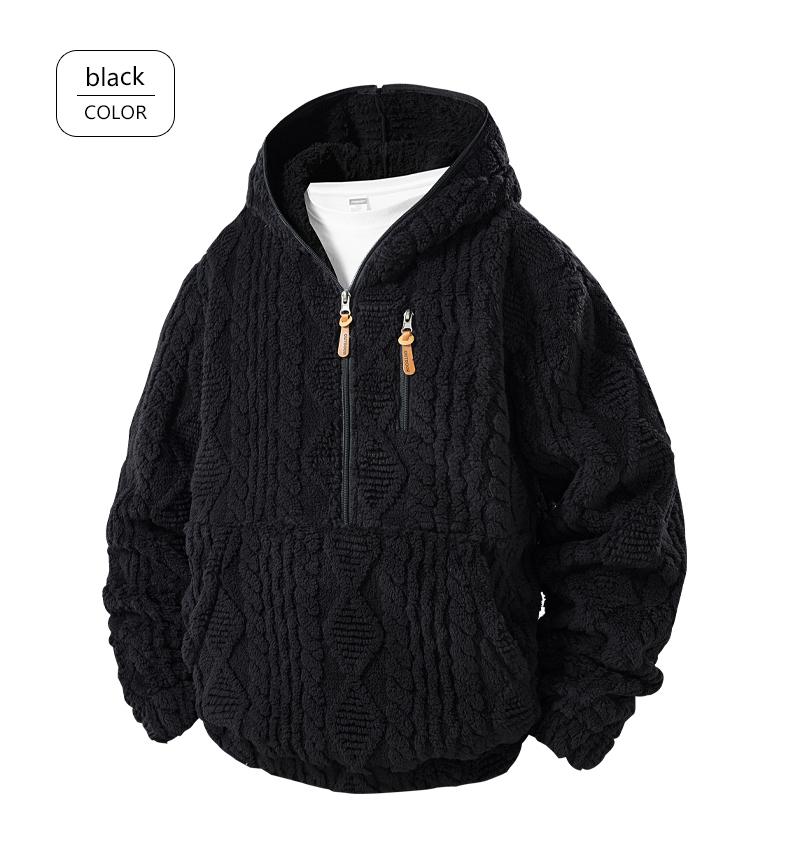 Men's Warm  relaxed fit outer Jacquard Fabric Loose-Fit Full-Zip Hoodie Jacket - Plush Texture Plain Hooded Outer Coat with Decorative Zipper Pull, Kangaroo Pockets, for Outdoor Indoor, Urban Commute, Menswear Tops