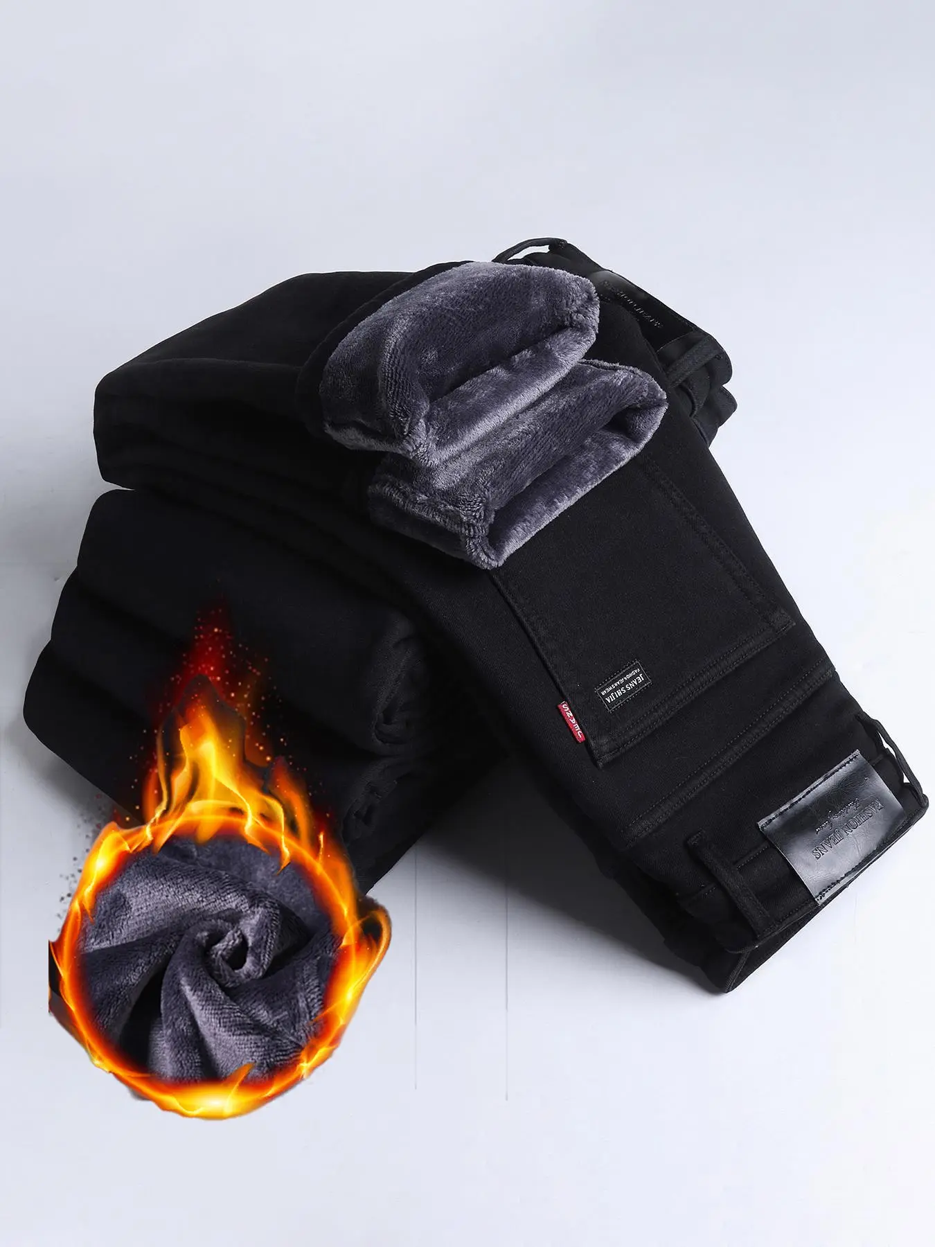 Thick Winter Fleece Jeans, Slim-Fitting Straight Leg Long Pants, New High Waist Casual Elastic Men's Pants, Warm and Comfortable, High Rise Jeans