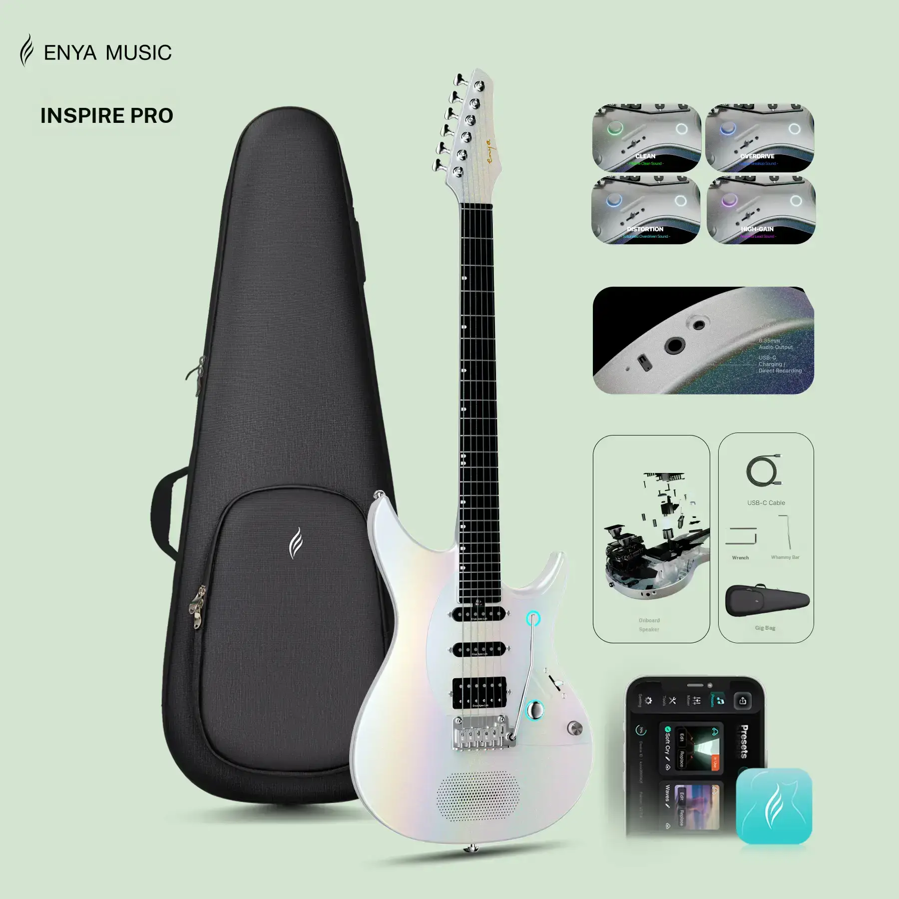 ENYA Inspire Pro AL Carbon Fiber Smart Electric Guitar with Built-In 20W Speaker Amplifier, Built-In Cells, 50 Tones, 1-Button Looper, Touch Bar Kill Switch, ENYA APEX LAB Pickups, 8 Onboard + 64 App Control Presets, USB-C OTG Recording #backtoschool