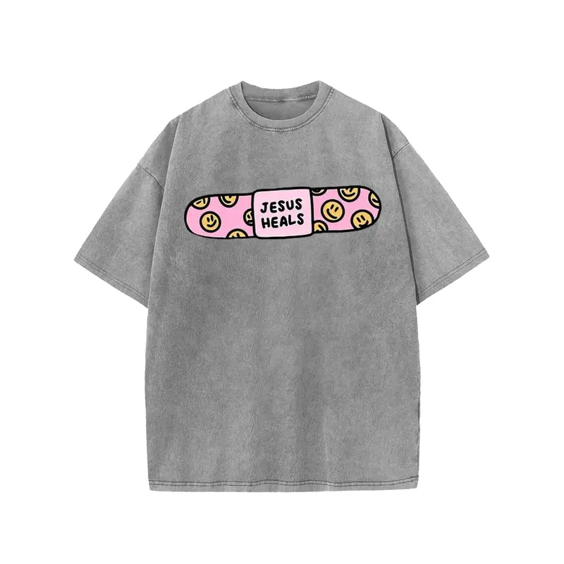 Women's Holafish 220G Acid Wash 100% Cotton Soft Retro Short-Sleeve Crew Neck Front Print T-Shirt - 1-Piece Everyday Vintage Streetwear Casual Top, Breathable Fabric, Jesus Heals Smiling Face Bandage Graphic