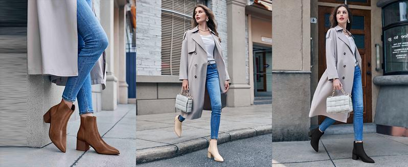 Coutgo Womens Pointed Toe Ankle Boots Elastic Chunky Block Stacked Mid Heel Slip On Chelsea Booties