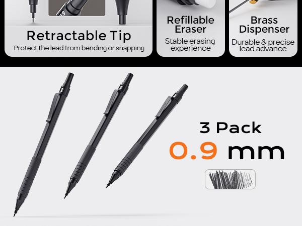 Nicpro 0.9 Metal Mechanical Pencil Set with Case, 3Pack Black MP1000 0.9mm Drafting Pencil, 8 Tubes HB Lead Refills, 3Pack Erasers, Erasers Refills for Artist Writing, Drawing, Sketching