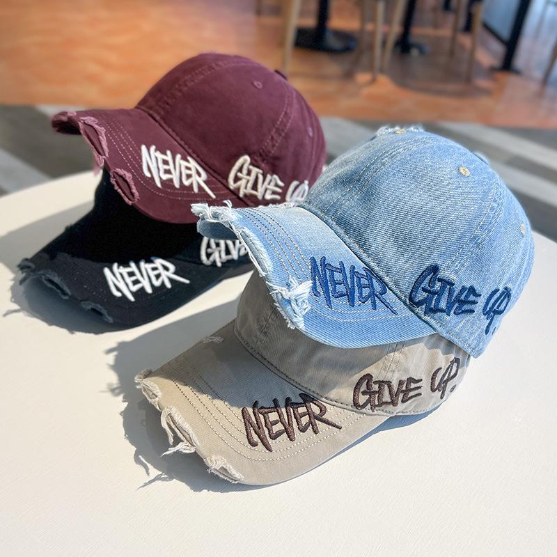 Cool Unisex Distressed Embroidered Dad Hat - Washed Fabric, Curved Brim, Ripped, Sun Protection Graphic Print Cap, Adult Fashion Accessory, Vintage Streetwear, Ideal for Casual Wear, One Size