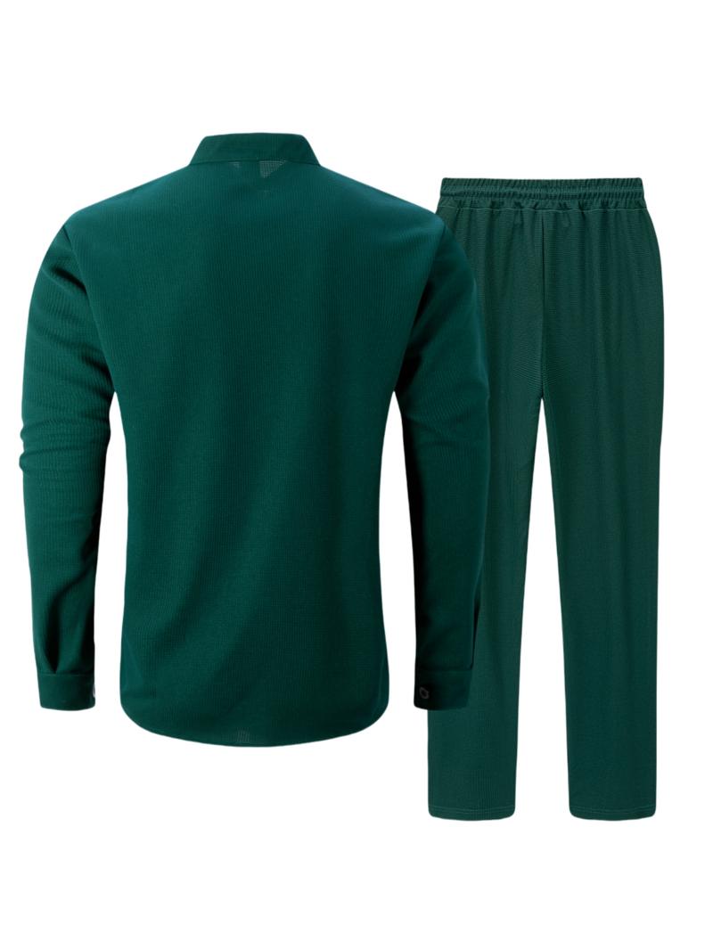 Men's Spring & Fall New Set, Stand Collar Pocket Long Sleeve Waffle Knit Top Jacket, Drawstring Waffle Knit Pants, Versatile Comfortable Clothing