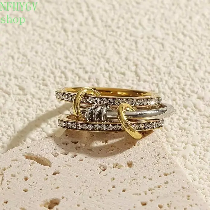 Women’s Two‑Tone Interlocking Stackable‑Ring, Paved‑Rhinestone Multi‑Band Linked‑Finger‑Ring, Gold‑Silver‑Mixed‑Tone Statement‑Jewelry For Daily‑Wear, Dating‑Scenarios And Theme‑Party‑Outfit‑Matching Occasions