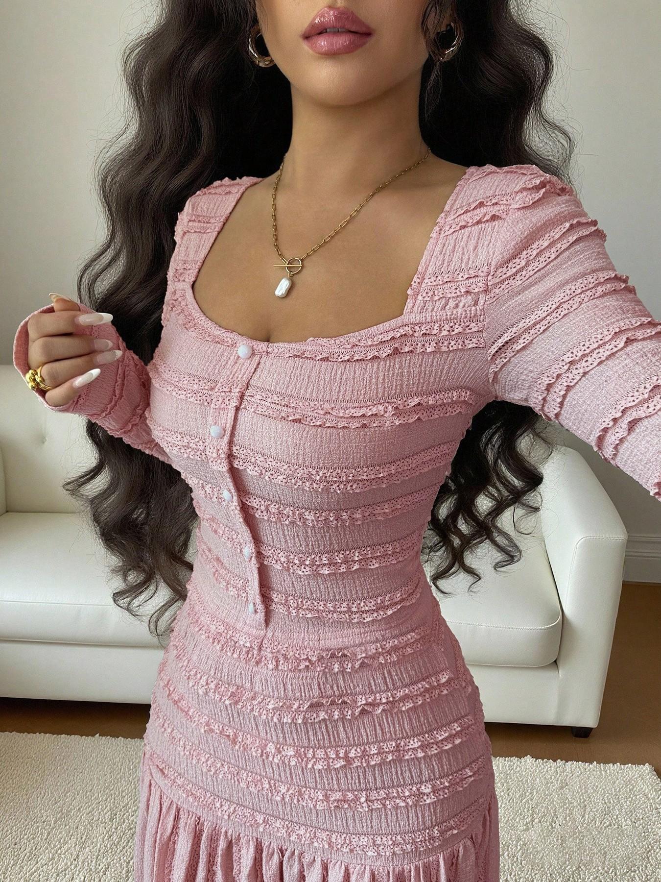 Women's Casual Elegant Party Sweet Cute Long Sleeve Square Neck Dress, Womenswear Stylish Ladies' Formal Evening Wear Elegant Gown, Perfect for Special Occasions Valentine's Day, Sweet And Cute