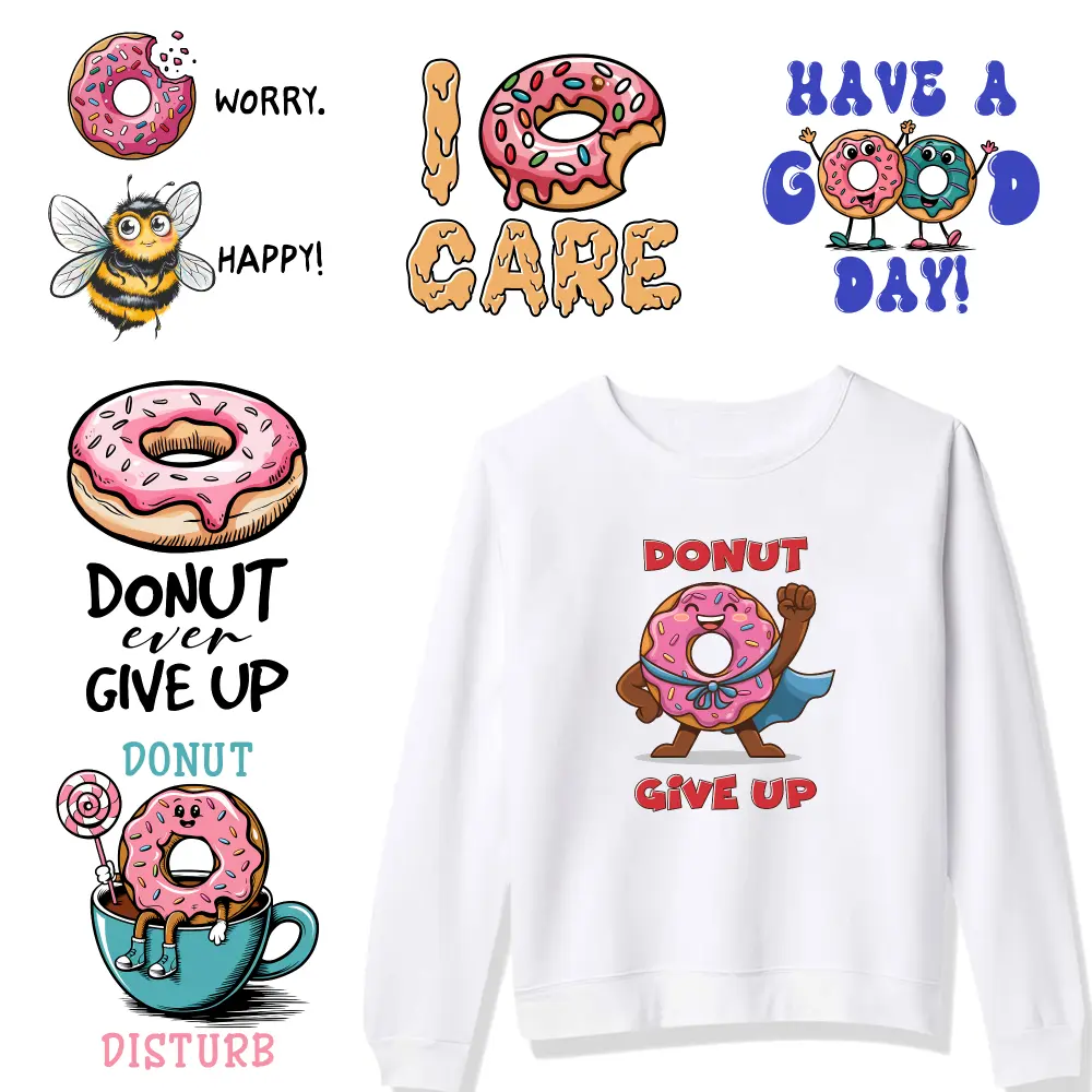 6 Pcs Donut Give Iron on Transfers Iron on Decals for T Shirts Iron On Transfer Patches for clothing, T-shirts, jeans, backpacks, hats, pillows. Washable heat transfer stickers casual style. Easy to heat press decals
