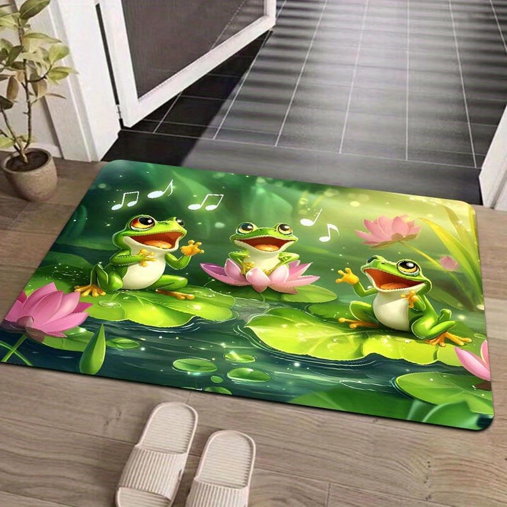 Machine Washable Polyester Frogs Singing Cartoon Design Area Rug - Non-Slip Rectangle Doormat for Living Room, Bedroom, Bathroom, Kitchen - Indoor Decorative Floor Mat with PVC Backing