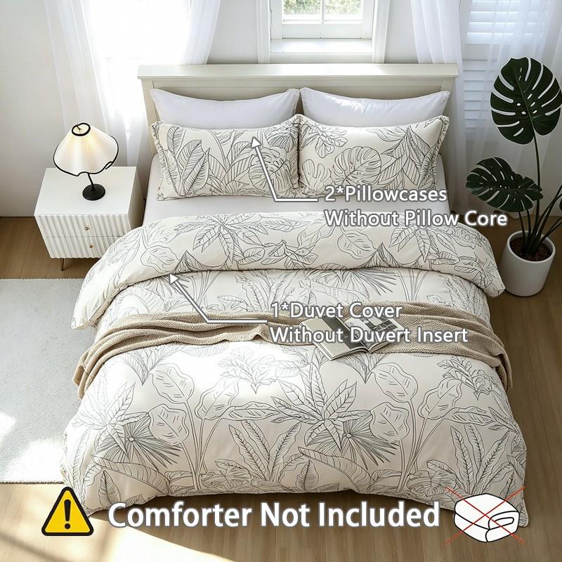 3-Piece Minimalist Line Tropical Leaf Printed Bedding Set, 1 Duvet Cover (No Insert) + 2 Pillowcases (No Insert), Soft Fabric with Easy Removable Zipper, Elegant Bedroom Decor, Spring & Summer New Duvet Cover