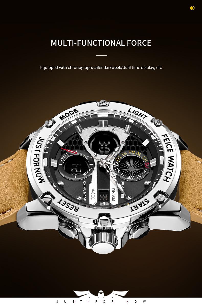 FEICE men's luxury business fashion watch, with a luminous elegant dial, waterproof sports watch - Black and silver gift set Chronograph Leather Style Fashionable Wristwatch