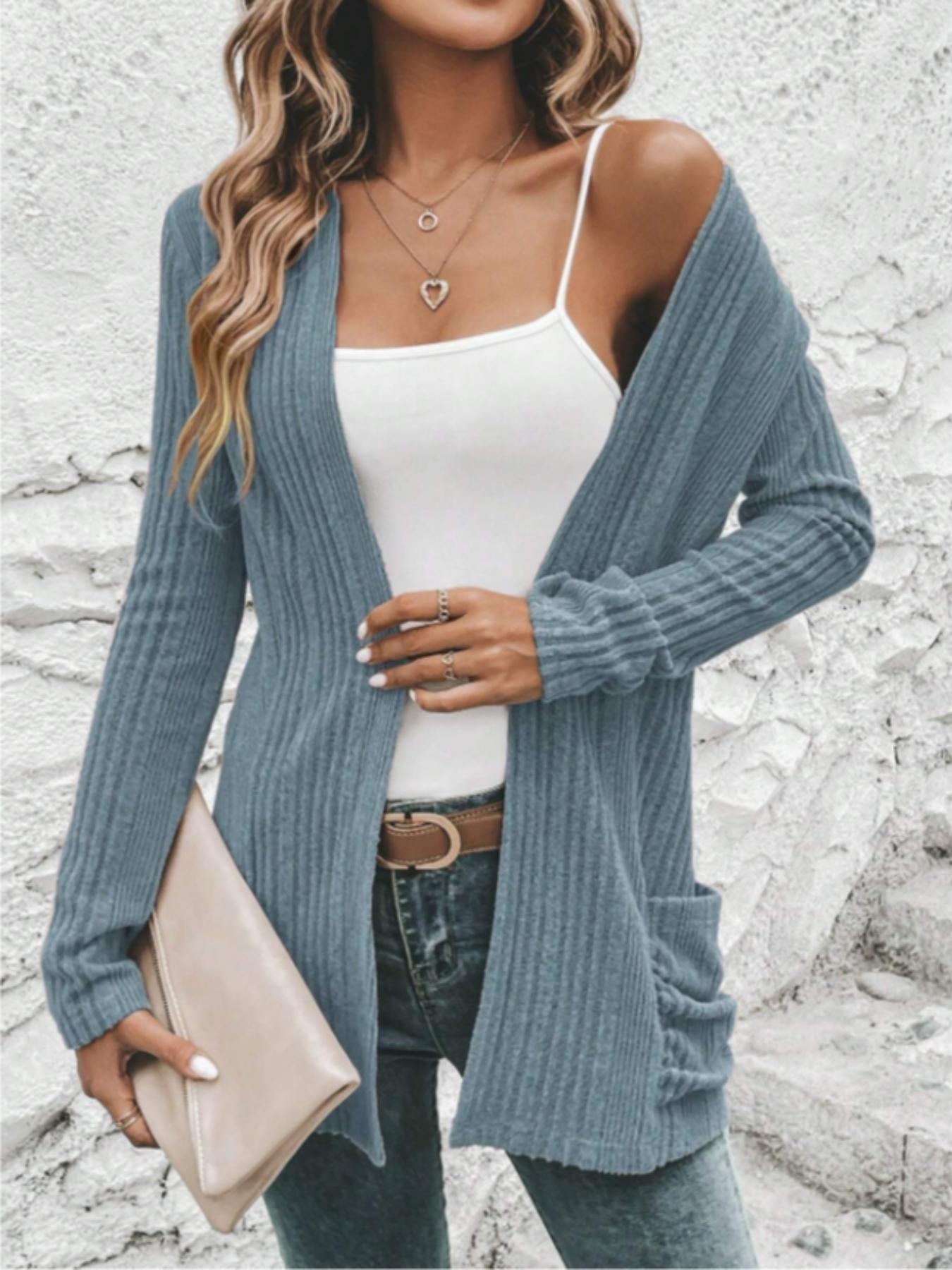 Women's Ribbed Open Front Sweater Cardigan, Casual Long Sleeve Cardigan Sweater for Spring & Fall, Women's Knit Clothing for Daily Wear