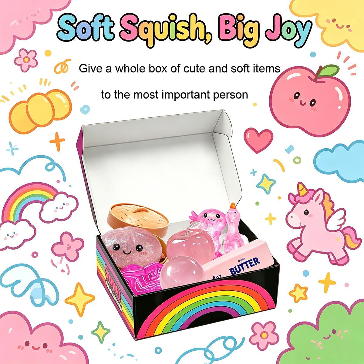 7 Pack Pink Series Glitter Squeeze Stress Relief Toys, Stress Relief Fidgets, Soft Portable Sensory Fidget Balls, Apple Round Ball Swirl Heart Butter Stick Bun Salamander Duck Squishy Toys, Ideal Birthday & Party Gifts for Kids Adults Anxiety Relief