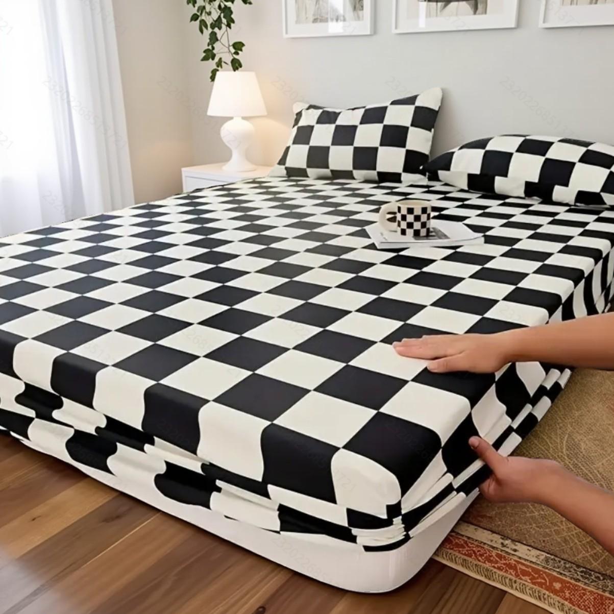 Black & White Checkerboard Premium Polyester Bedding Set, Checkered Geometric Pattern, Includes 1 Fitted Sheet and 2 Pillowcases, No Insert Durable Comfort Design, Modern Style Perfect Gift