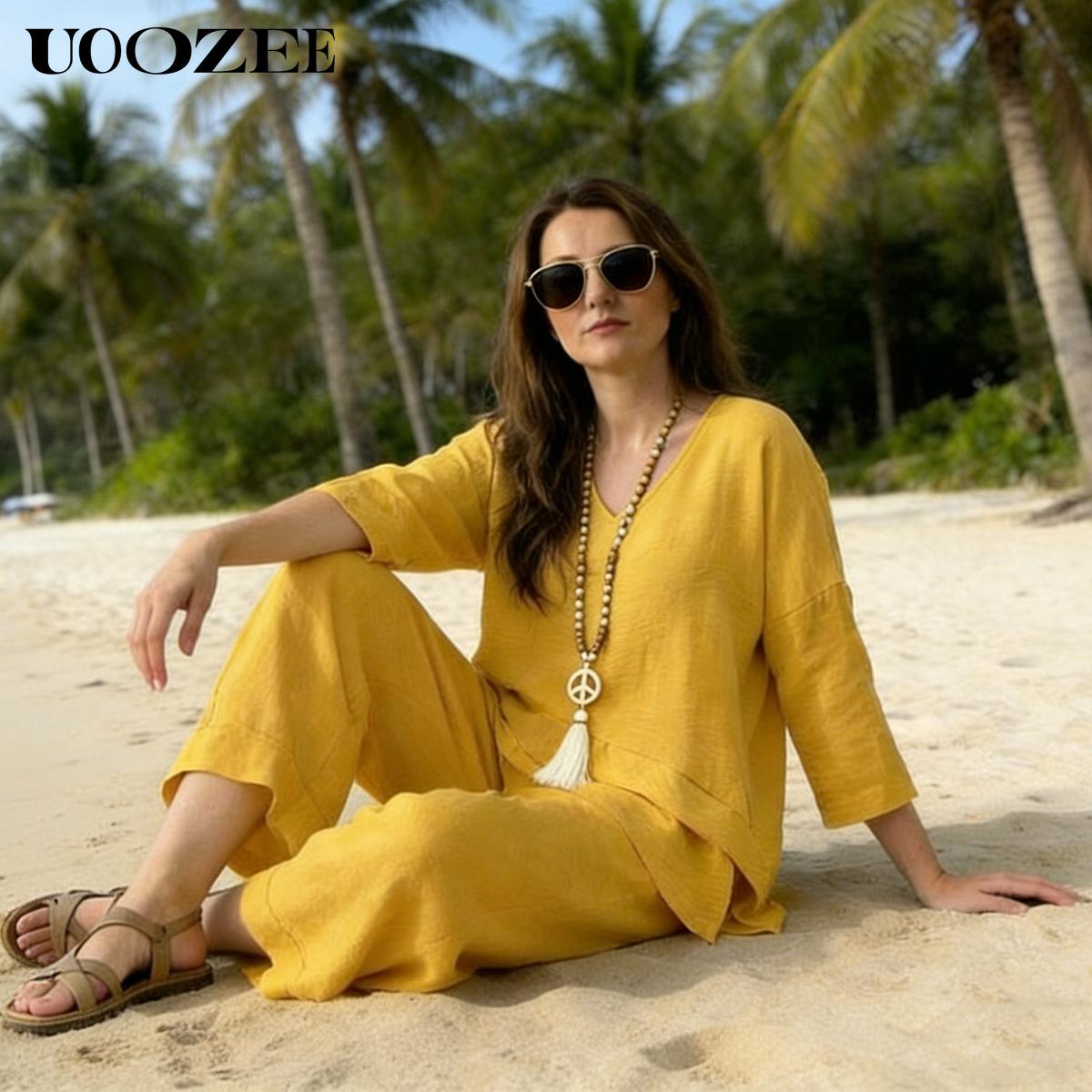 UOOZEE Women's Spring Summer Trend Look Loose Elastic Waistband with Pockets Wide Leg Pants & Oversized V-Neck Top Two-Piece Set, Spring Summer Casual/Work/Weekend Co-Ord for Women UOOZEE Women's Spring Summer Trend Look Loose Elastic Waistband with Pockets Wide Leg Pants & Oversized V-Neck Top Two-Piece Set, Spring Summer Casual/Work/Weekend Co-Ord for Women