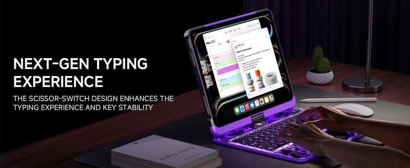 Y2K Dopamine Purple iPad Case With Keyboard- 360° Rotating Multi-Touch Trackpad, RGB Backlit Keyboard, Transparent Back, Pencil Holder, Type-C Charging