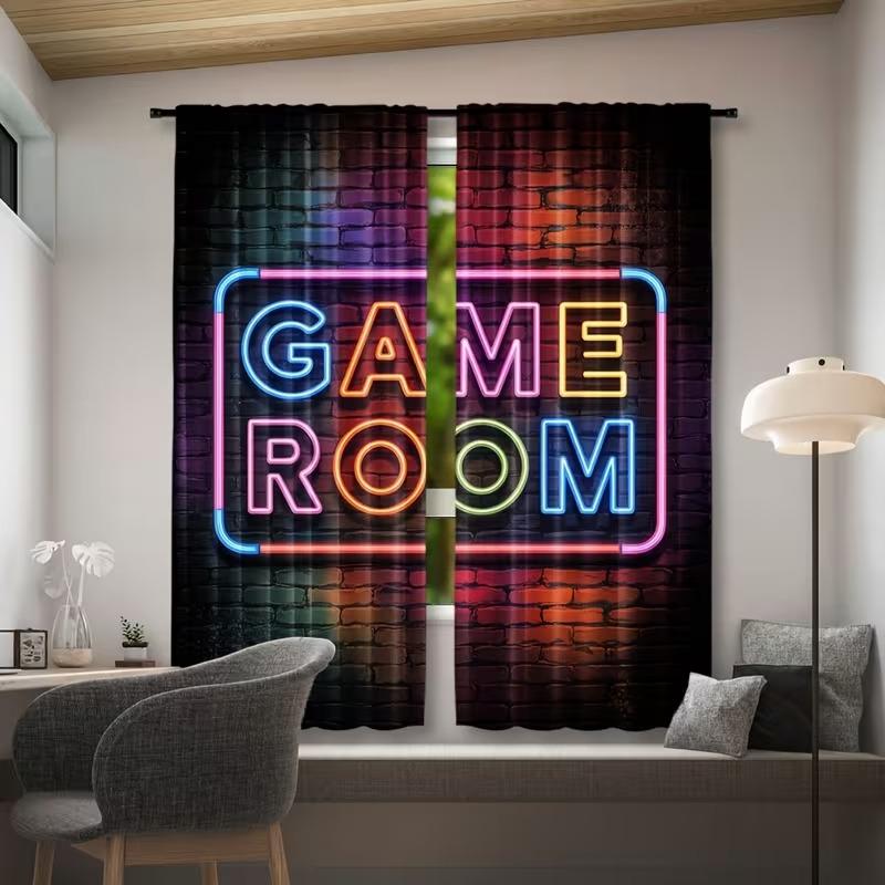 Modern Polyester Game Room Curtains, Semi-Transparent Rod Pocket Curtains, Roller Print Brick Wall Design, All Season Decor