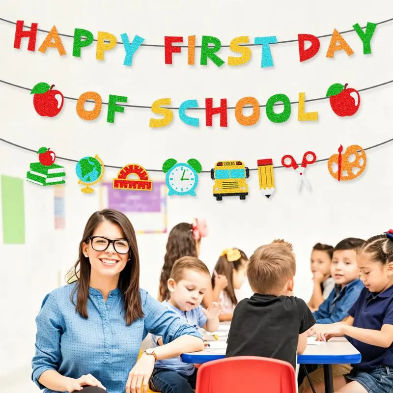 Back to School First Day Party Decor Kit, Banner, Triangle Flag Bunting & Hanging Decor, Classroom Theme Party Decorations