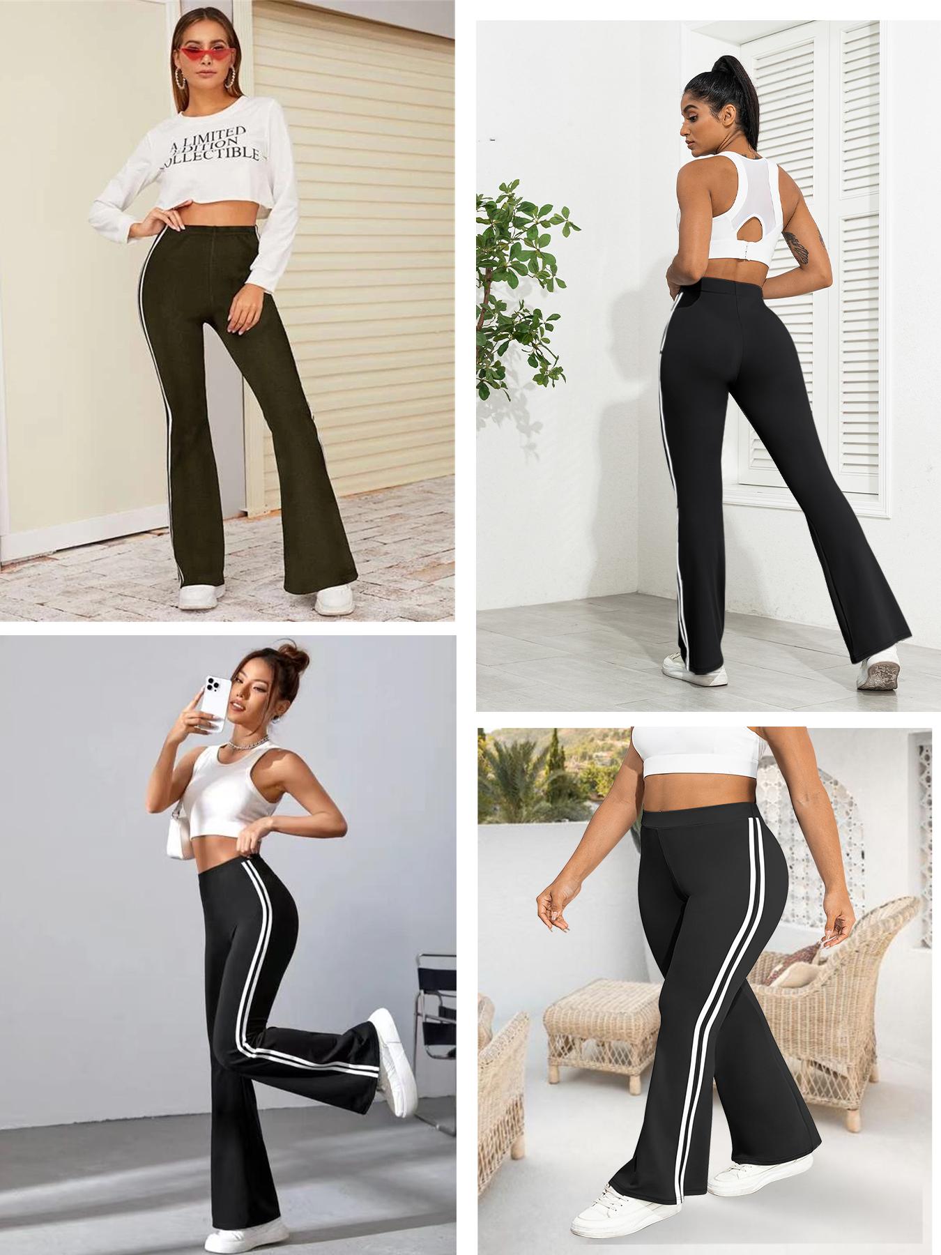 Women's Plus Size High Waist Flare Pants, Casual Side Stripe Design, Comfortable Elastic Fabric, Perfect for Daily Wear