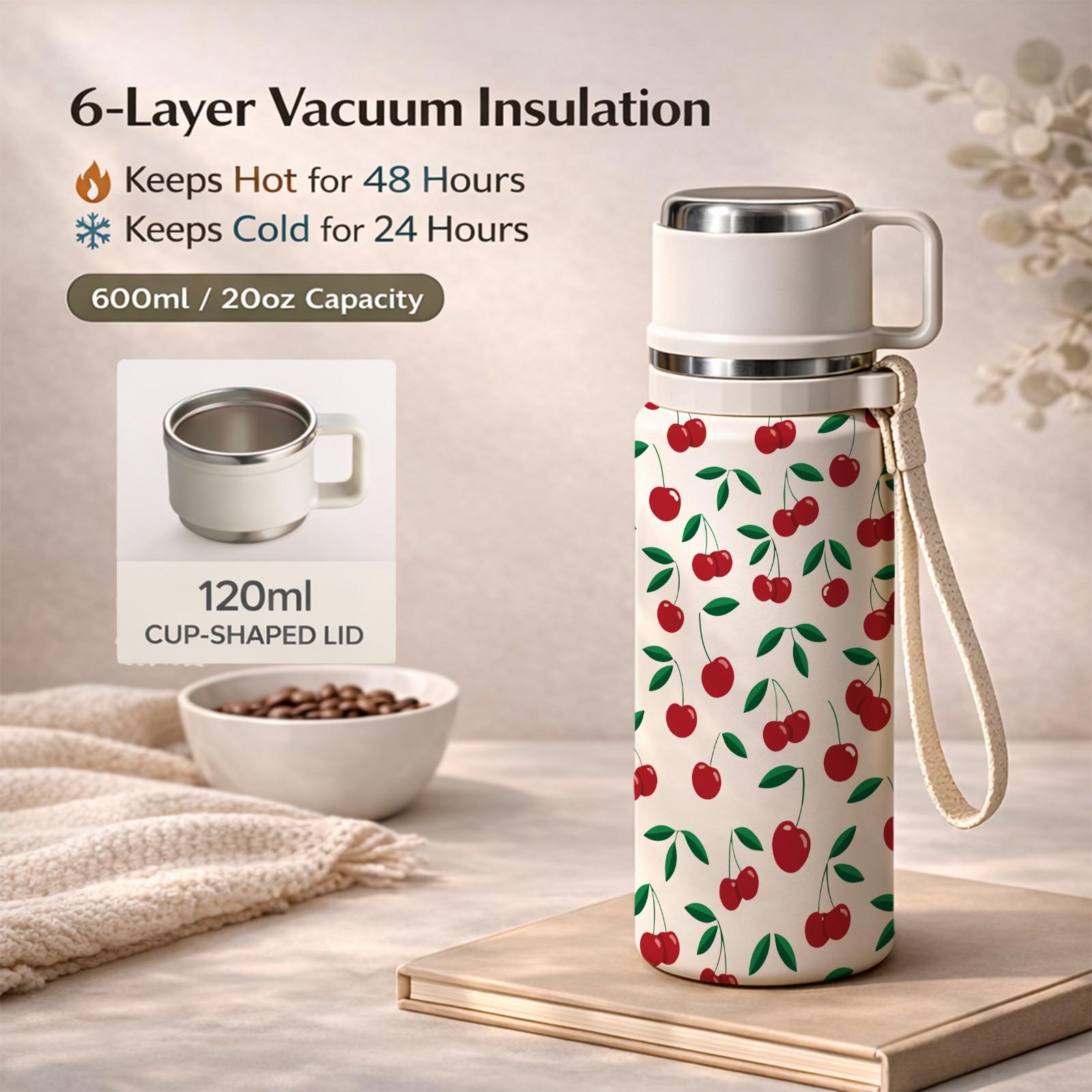 1 Pc Vacuum Cup, 600ml Thermal Mug, Double Wall Insulated Mug, Leak Proof Skinny Tumbler With Handle And Strap, 24 Hours Hot 48 Hours Cold, Portable Travel Mug For Coffee Tea Juice Water, Gift For Women Men Holiday Daily Use