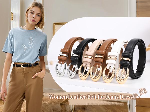 JASGOOD Women Leather Belt for Jeans Pants Fashion Ladies Skinny Faux Leather Belt with Gold Buckle