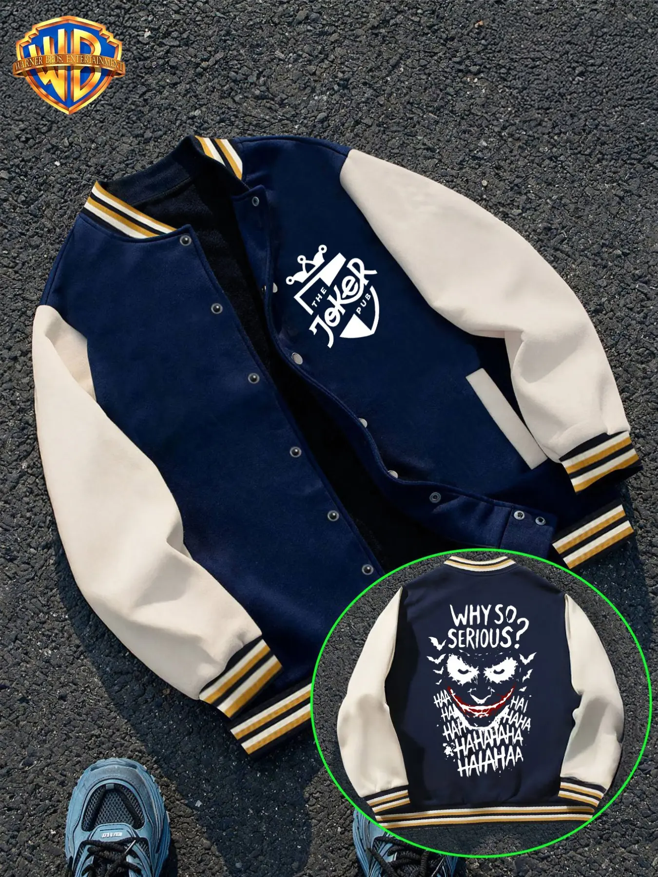 Wb Warner Bros. Joker "why so Serious?" Graphic Varsity Jacket, Color Block Raglan Sleeve, Casual Streetwear, Button Up Letterman Jacket