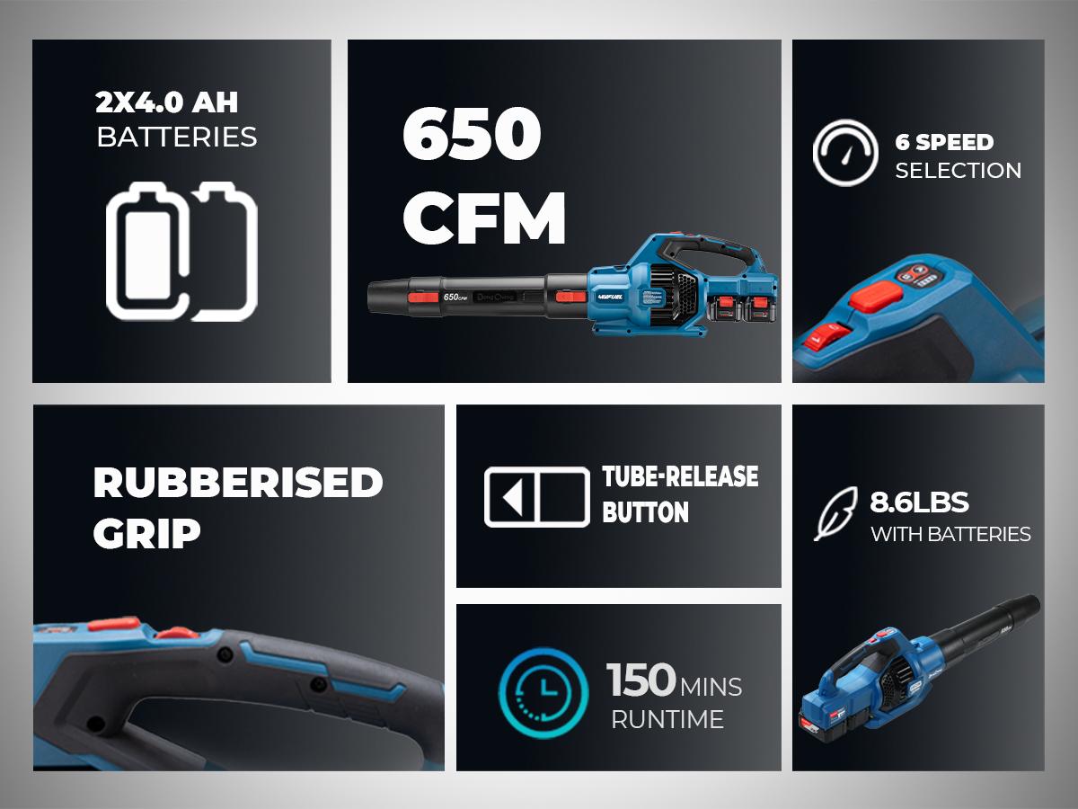 【5-year warranty】DongCheng 650 CFM Cordless Leaf Blower, 40V Battery Powered Blower with 2 * 4.0Ah Batteries & Charger, High-Efficiency Brushless Motor for Sidewalks, Driveways, Town Care, Blowing Leaves and Snow Heavy Duty 【5-year warranty】DongCheng 650 CFM Cordless Leaf Blower, 40V Battery Powered Blower with 2 * 4.0Ah Batteries & Charger, High-Efficiency Brushless Motor for Sidewalks, Driveways, Town Care, Blowing Leaves and Snow Heavy Duty