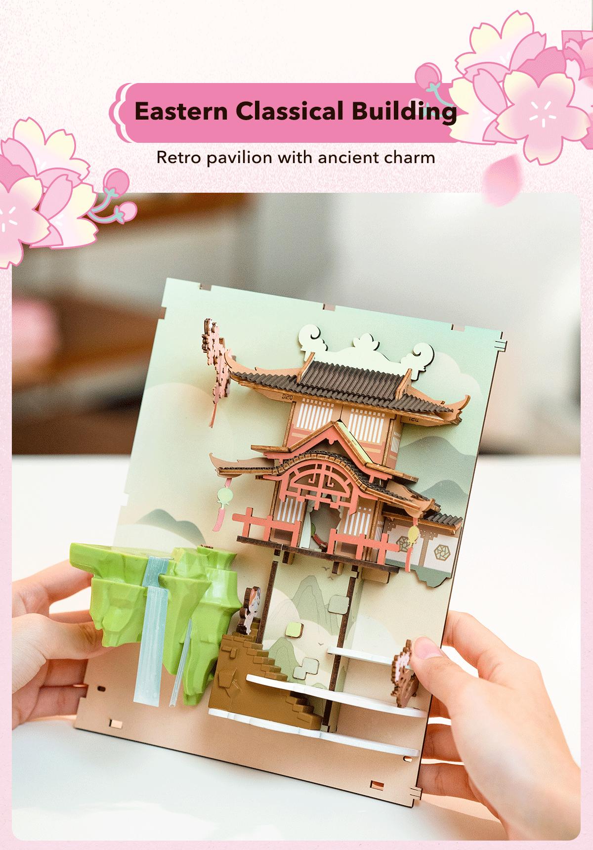 Robotime Rolife Book Nook Kits for Adults,3D Wooden Puzzle Bookshelf Decor Insert Alley DIY Miniature Booknook Model Craft Kits for Adults Gifts with LED on Birthday Christmas TGB05 Falling Sakura