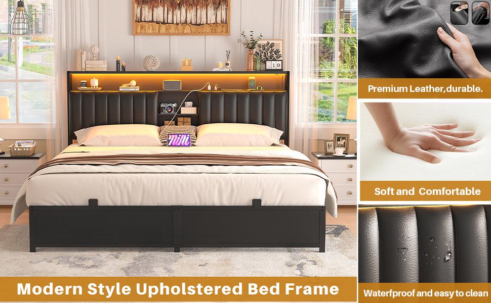 Cyclysio King/Queen/Full Size Bed Frame with Charging Station & Led Lights, Sturdy Metal Platform Bed with Leather Upholstered Headboard and Storage