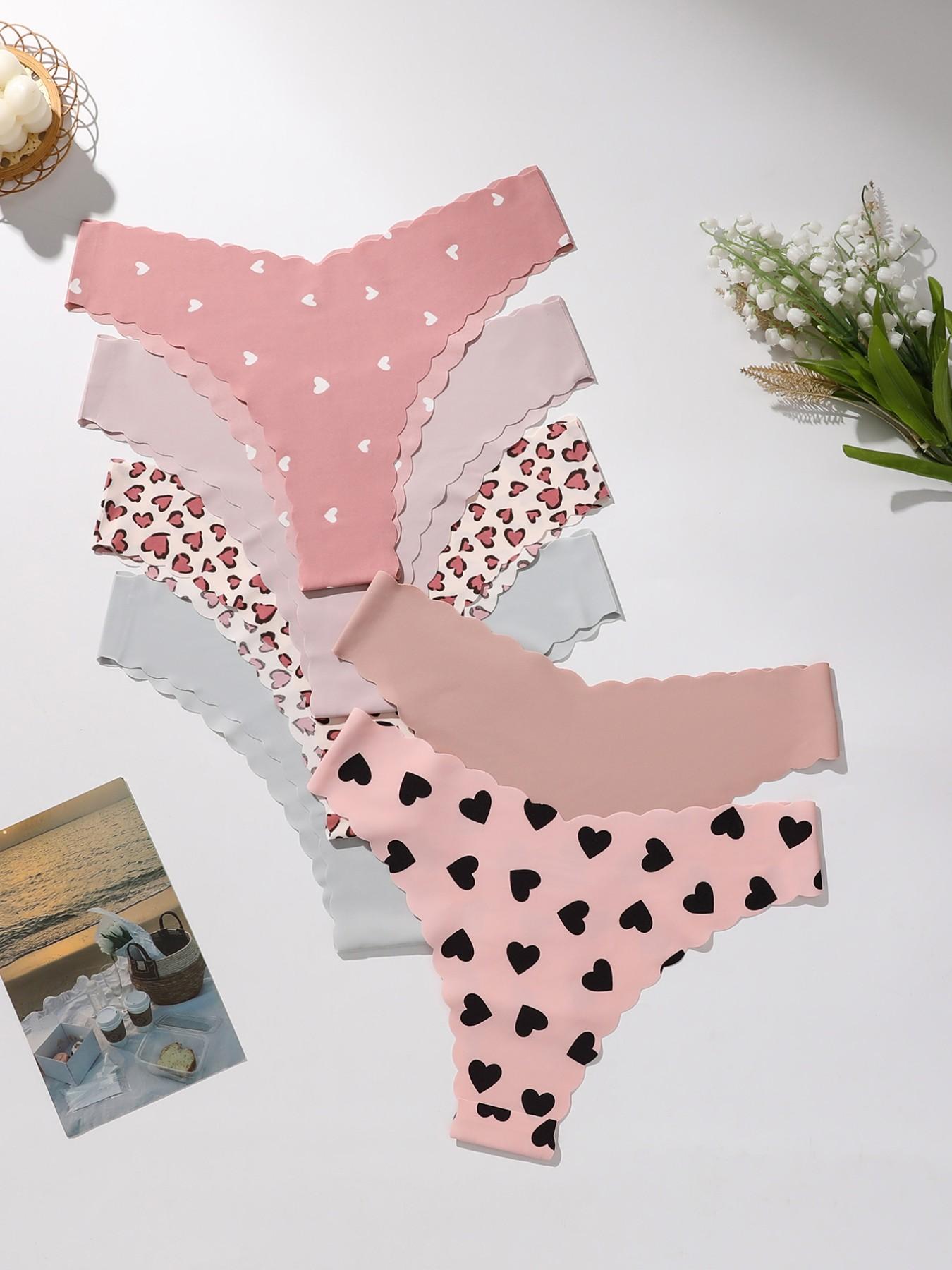 6-Pack Low-Rise Seamless Adhesive Thongs - Scalloped Edge, Heart/Leopard Prints & Soft Pastel Macaron Colors