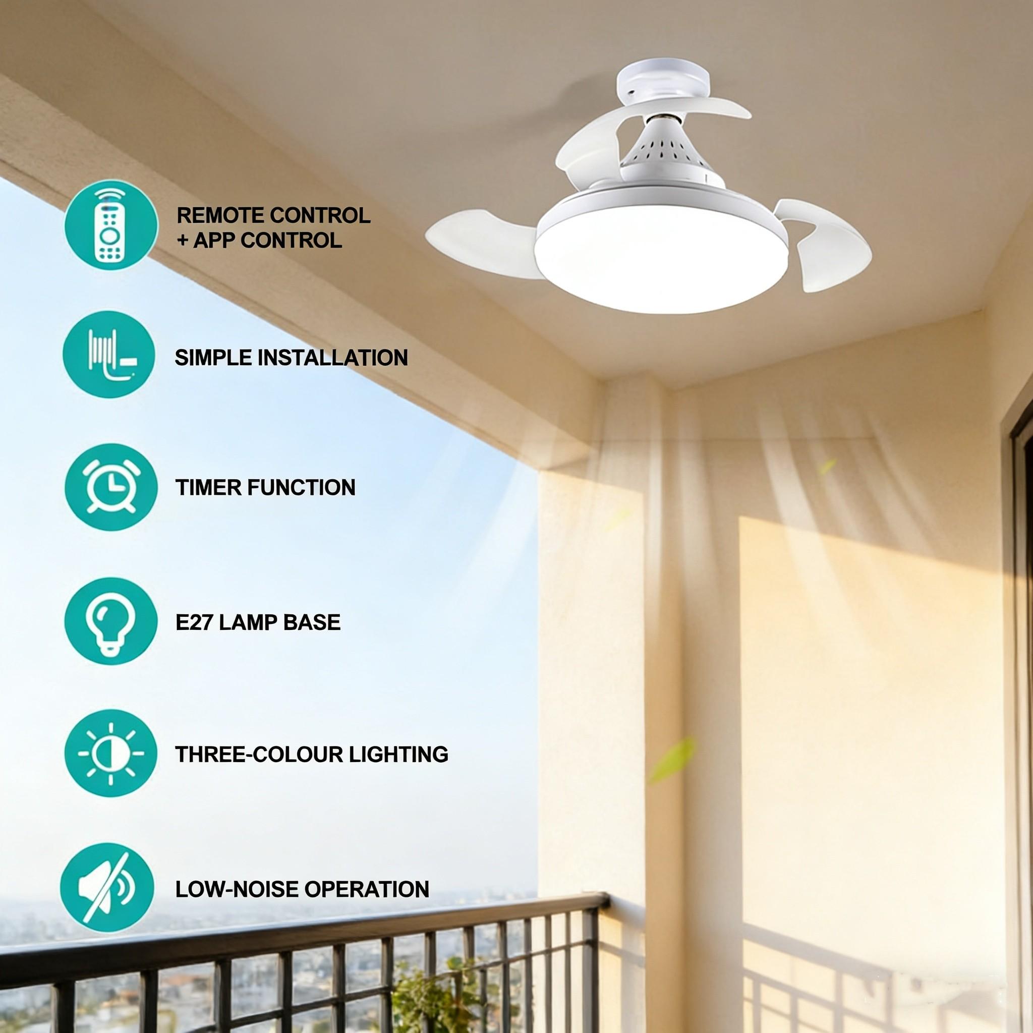 LED ceiling fan light, white, stepless dimming, invisible ceiling fan lamp, with remote control + APP control, suitable for bedrooms, living rooms, kitchens, studies, indoor lighting and fan light.