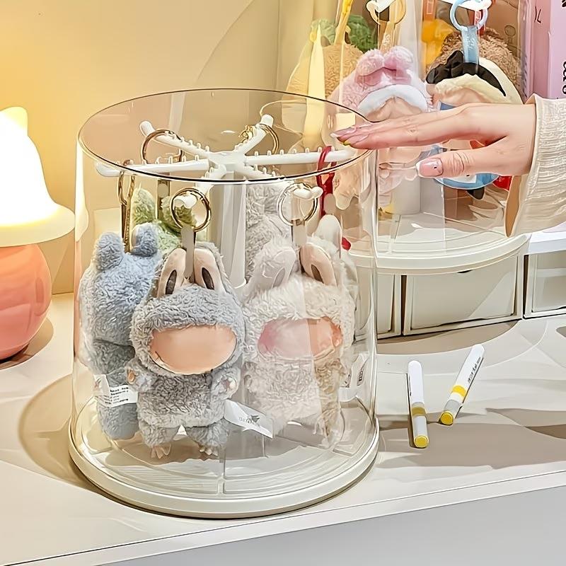 1PC 360° Rotating Clear Acrylic Display Case for Labubu Pop Mart, Hanging Storage Box with Hooks, Dustproof & Moistureproof Showcase for Dolls & Pendants