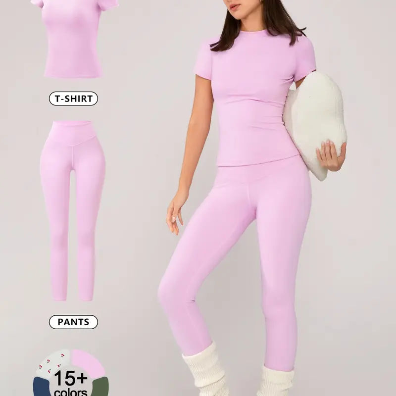 【Black Friday】Women's Solid Color Short Sleeve Tee & Leggings, Casual Comfy Round Neck Top & Skinny Pants PJ Set, Ladies Sleepwear for Spring & Fall, Basic Pajama, Loungewear