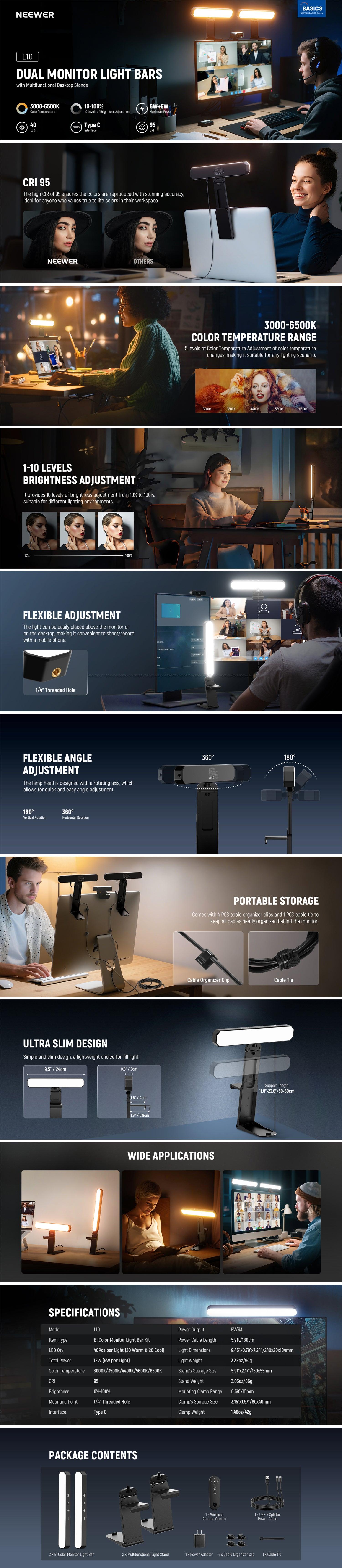 NEEWER L10 BASICS 12W Dual Monitor Light Bar with Stands, LED Desk Lamp for Home Office Video Conference Lighting Computer Laptop Webcam Zoom Streaming, Bi Color, Remote/Touch Control Dimmable