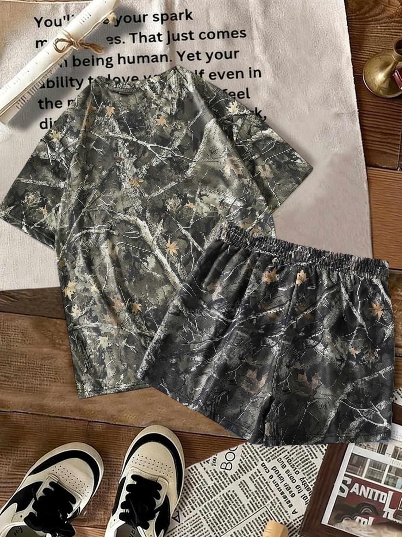 2-Piece Camo Print Set, Camouflage, Soft Short Sleeve Top & Drawstring Shorts, Loose-Fit Casual, American Country Style, Millennial Fashion, Adjustable