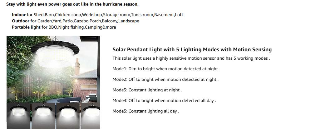 Solar Light Outdoor Motion Sensor Lights, 360° Lighting Waterproof Solar Powered Pendant Light with Remote Control for Home, Shop, Garage, Patio, Yard