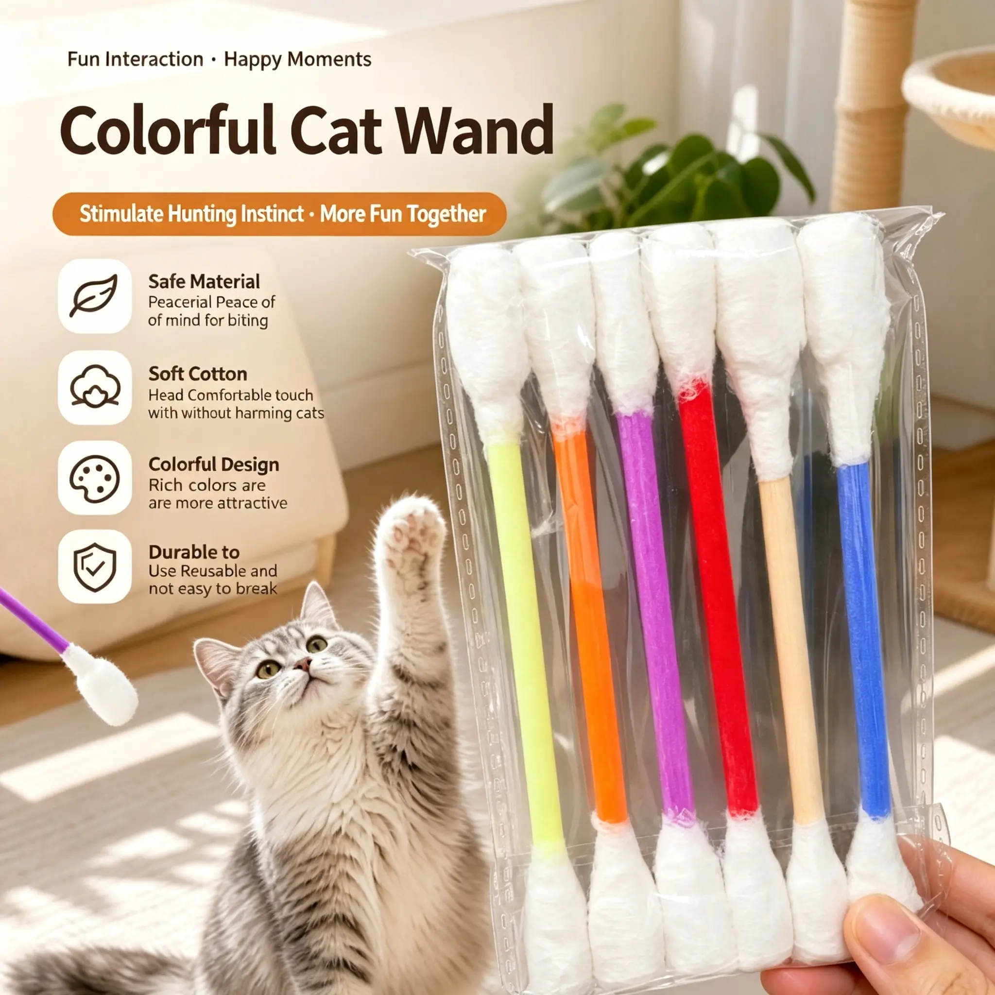 6 Pack Giant Cotton Swab Shaped Felt Cat Chew Toys(16cm), Soft Kitten Teething Sticks For Dental Cleaning, Anxiety And Boredom Relief, Suitable For Indoor Daily Interactive Play And Pet Entertainment-MM1