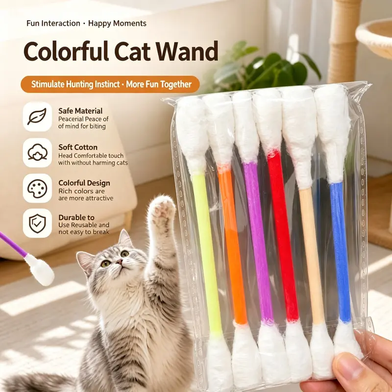 6-Pack Cotton Swab Shape Cat Interactive Toys (16cm) - Soft Felt Cushions Gentle Chewing, Soft Texture Fiber Rod Teething Sticks for Teeth Cleaning, Boredom Relief, Indoor Pet Supplies-MM1