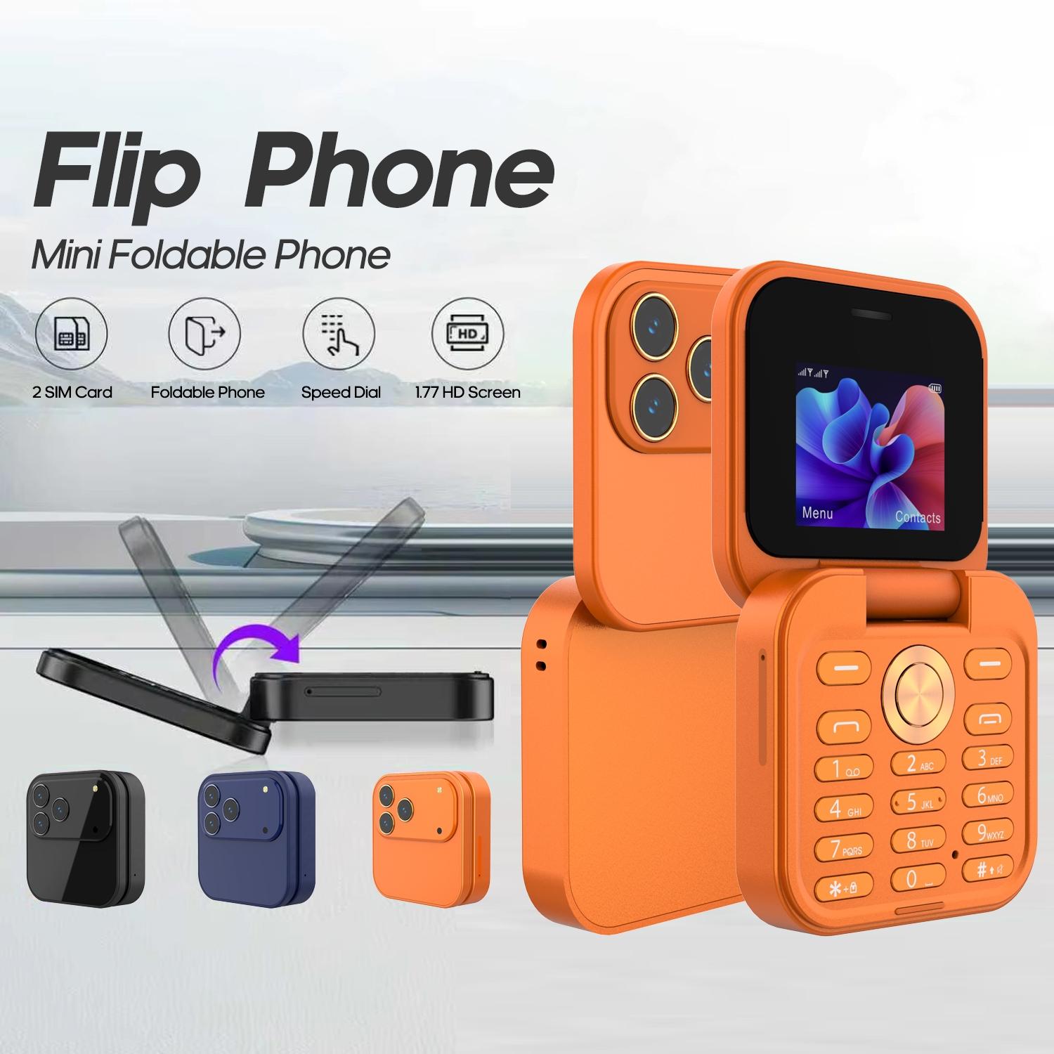 FUFFI fashionable mini folding clamshell phone with 2G network, 1.77-inch high-definition screen, dual SIM dual standby, 1000 mAh battery, flashlight/ music/ video/ convenient lanyard/ maximum support for 8GB capacity expansion