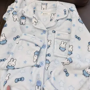Cartoon Cute Miffy Coral Fleece Open-Front Cardigan Pajama Set for Women Thickened Fluffy Homewear Warmth & Cozy Outdoor/Indoor