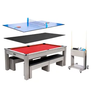 7FT 3-in-1 Convertible Pool Table with Dining and Ping Pong Top, Multi-Game Billiard Table Combo Set for Home Game Room Basement, Heavy Duty 250lbs Space Saving Dining Table Tennis Station with Rolling Storage Caddy